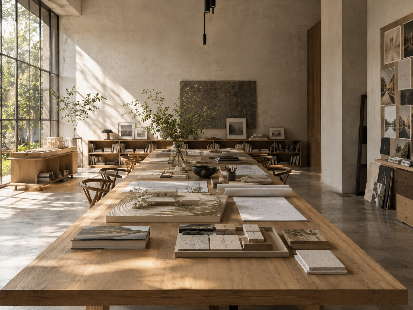 Minimal architecture studio workspace with large windows and natural light